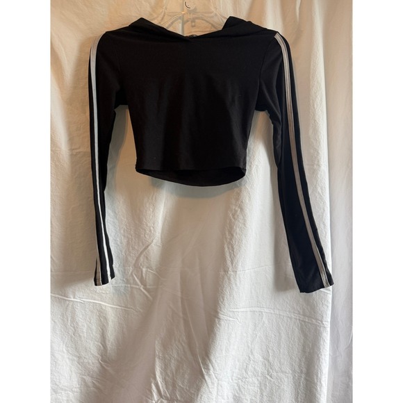 Fashion Nova Tops - Fashion Nova Womens Black Cropped Hoodie White Sleeve Stripe Athleisure Top